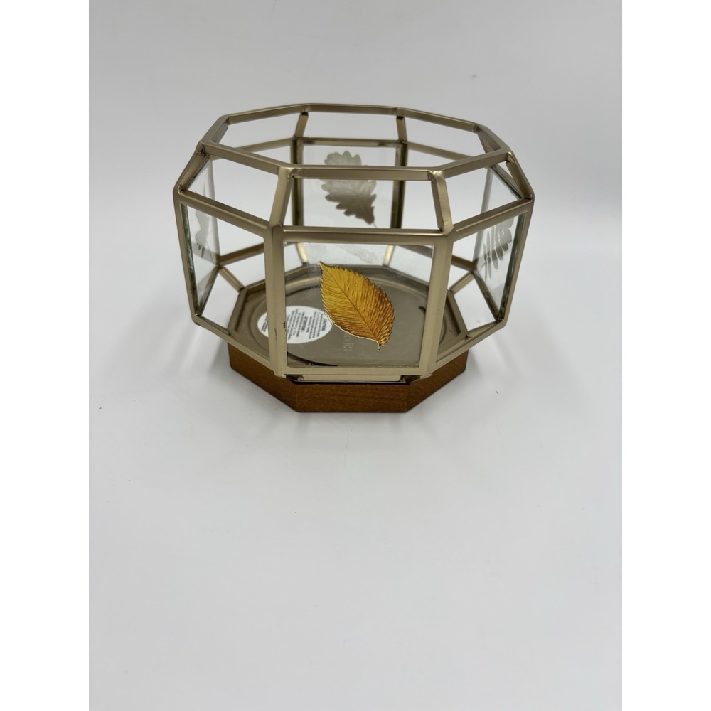 Bath & Body Works Gold Leaves Wood Base 3 Wick Candle Holder Sleeve - Picture 3 of 7